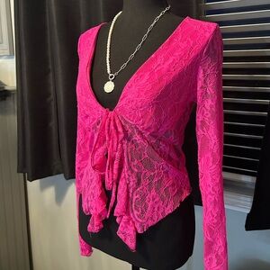 Hot pink lace long sleeve top with tie front, great for a night out #glam